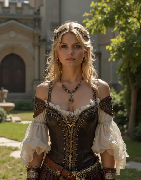 Jennifer Morrison, medieval noble, alone, looking at the viewer, standing upright, full body is visible, cleavage, wearing medieval jewelry, wearing medieval noble dress, blonde wavy hair, bare shoulders, realistic, garden in the courtyard of a medieval ca...