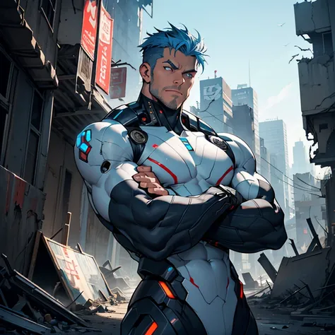 A highly detailed Cyborg, arms crossed in front of a destroyed city, sporting futuristic details on his bionic body. (An extremely detailed cyborg with crossed arms in front of a destroyed city, with futuristic details on their bionic body.) pale_skin, blu...