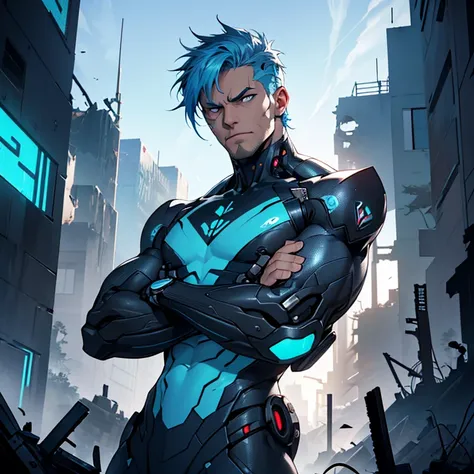 A highly detailed Cyborg, arms crossed in front of a destroyed city, sporting futuristic details on his bionic body. (An extremely detailed cyborg with crossed arms in front of a destroyed city, with futuristic details on their bionic body.) pale_skin, blu...