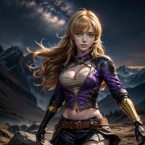 nighttime, stars, yangxiaolong, yang xiao long, smiling, long hair, blonde hair, (purple eyes:1.3), ahoge, bangs, BREAK cleavage, jacket, black skirt, belt, mechanical arms, single mechanical arm, prosthesis, prosthetic arm, BREAK standing in field, mounta...