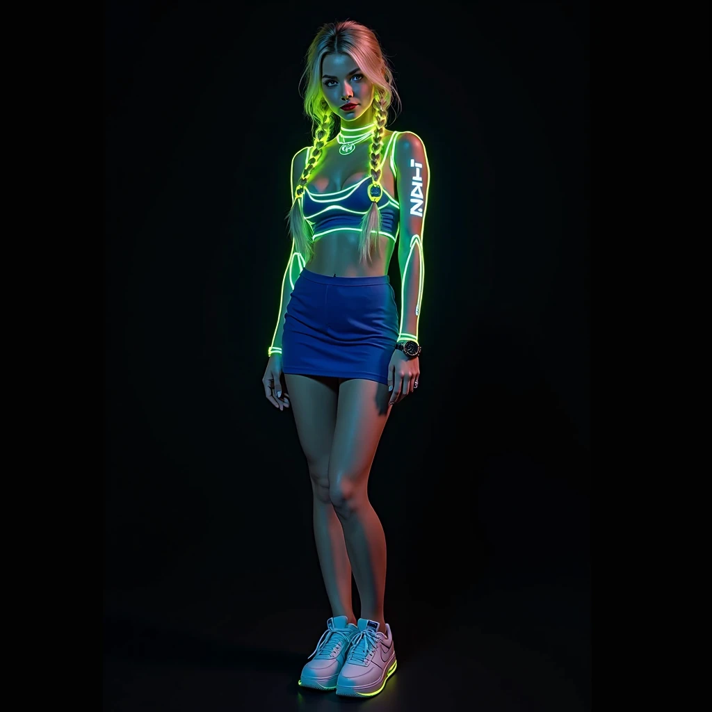 Ukrainian Russian woman, Full body futuristic standing image in cyberpunk style of a beautiful blonde white Russian woman with phosphorescent neon green braided hair and blue sporty miniskirt with futuristic accessories, highly detailed light blue eyes, pe...