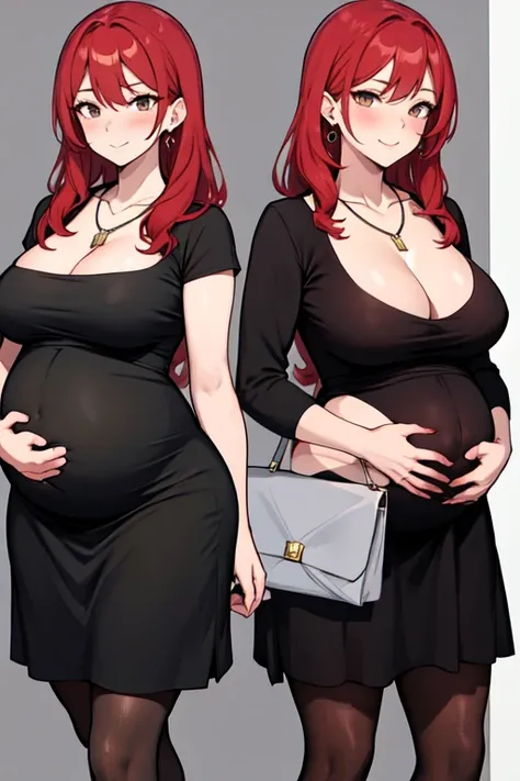 Sexy pregnant woman, red hair, black dress, pantyhose, necklace, earrings 