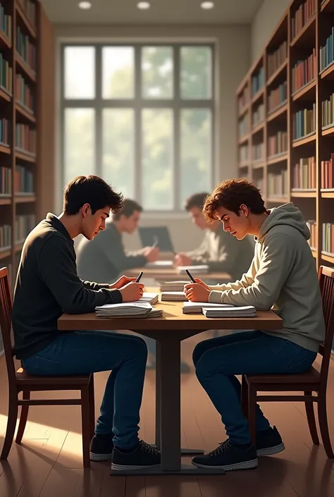 Two men in their 20s in a sitting college library studying 