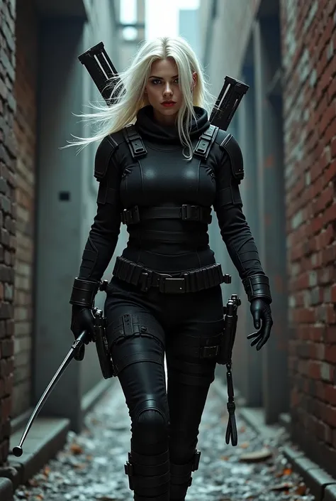 Woman with almost white blond hair in black combat clothes walking in an alley holding a sword and carrying an arrow bow on her back
