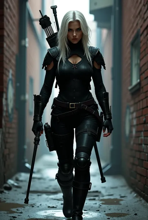 Woman with almost white blond hair in black combat clothes walking in an alley holding a sword and carrying an arrow bow on her back
