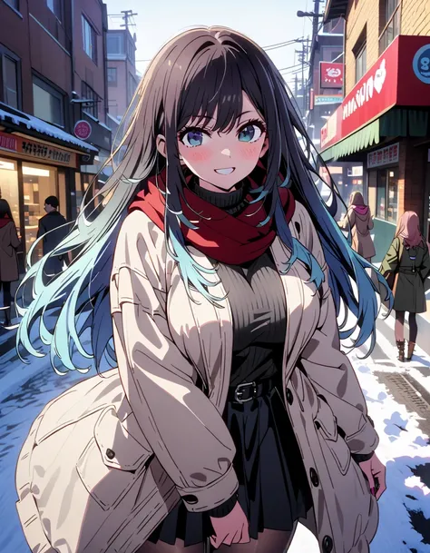  Akane Kurokawa,  long hair, bangs, blue eyes,  big breasts,   black hair,   blue hair , My hair color looks like 々,  gradient hair ,smile,blush, open their mouths, red scarf,White Down Coat , ( sweater :1.2),( turtleneck:1.2), long skirt ,rib tights ,   g...