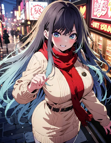  Akane Kurokawa,  long hair, bangs, blue eyes,  big breasts,   black hair,   blue hair , My hair color looks like 々,  gradient hair ,smile,blush, open their mouths, red scarf,White Down Coat , ( sweater :1.2),( turtleneck:1.2), long skirt ,rib tights ,   g...