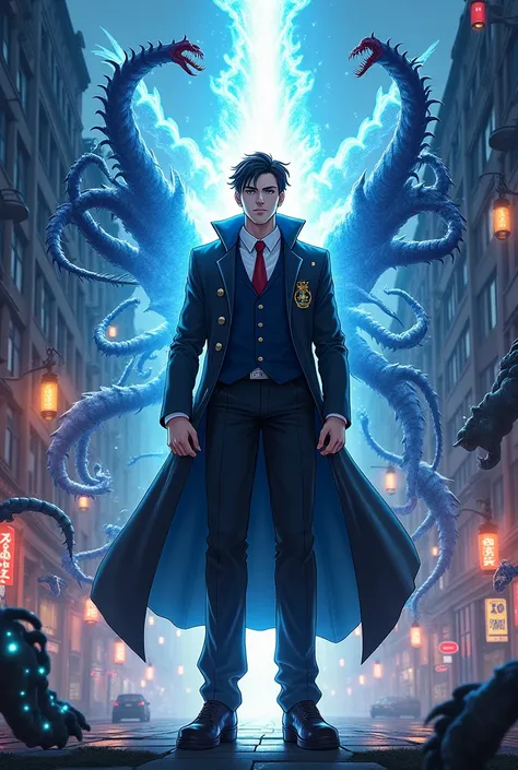 A man with the power of the Angel of Light ,  a detective cop who fights against supernatural beings,  anime style, surrounded by supernatural beings 