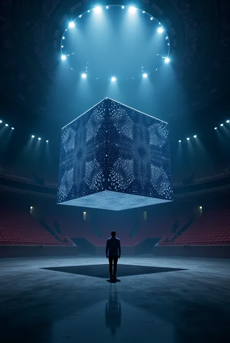 The empty circus auditorium in the arena stands a large cloth cube covered with stars like the sky 