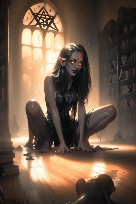 a stunningly beautiful nerdy female librarian lays sprawled in the center of a giant glowing pentagram on the floor of the dark forbidden library as Lovecraftian tentacles begin extending through the floor inside the pentagram and binding her arms and legs...