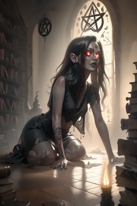 a stunningly beautiful nerdy female librarian lays sprawled in the center of a giant glowing pentagram on the floor of the dark forbidden library as Lovecraftian tentacles begin extending through the floor inside the pentagram and binding her arms and legs...