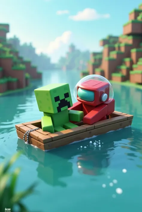 create a image of creeper from minecraft and impostor from among us having fun together on a boat swimming, minecraft square style