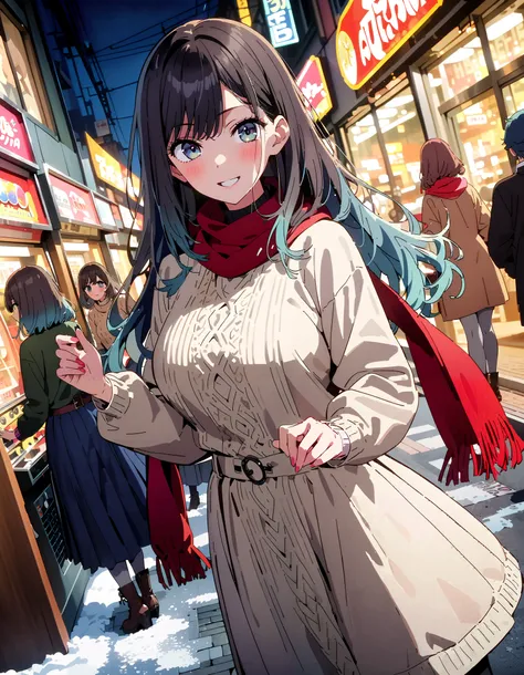  Akane Kurokawa,  long hair, bangs, blue eyes,  big breasts,   black hair,   blue hair , My hair color looks like 々,  gradient hair , half up,smile,blush, open their mouths, red scarf,White Down Coat , ( sweater :1.2),( turtleneck:1.2), long skirt ,rib tig...