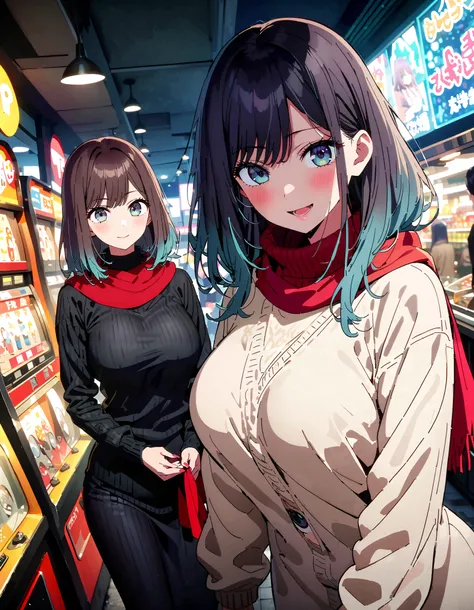  Akane Kurokawa,  long hair, bangs, blue eyes,  big breasts,   black hair,   blue hair , My hair color looks like 々,  gradient hair , half up,smile,blush, open their mouths, red scarf,White Down Coat , ( sweater :1.2),( turtleneck:1.2), long skirt ,rib tig...