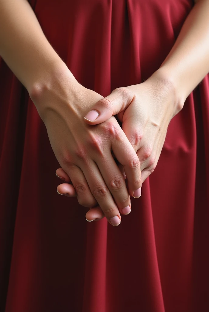  Please help me create an image of two clasping hands that the female hand is brown and the other white, That the hands are wrapped alluding to the legend of the red thread ,  I have 3 daughters and a son you can place something around my hands alluding to...