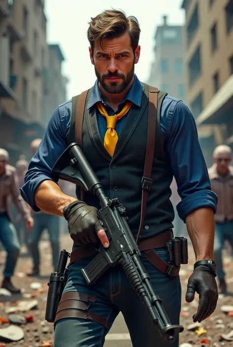 Handsome man dressed in a navy blue shirt with a black vest and a yellow tie with a glove and a holster carrying a machine gun and well equipped shooting at zombies on a destroyed street