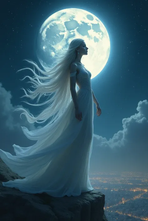 Goddess of the Moon, night, moon light, dark, darkness, women on the sky looking at the city in the night, Goddess