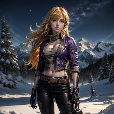 nighttime, stars, yangxiaolong, yang xiao long, smiling, long hair, blonde hair, (purple eyes:1.3), ahoge, bangs, BREAK cleavage, jacket, black pants, belt, mechanical arms, single mechanical arm, prosthesis, prosthetic arm, BREAK standing in field, next t...