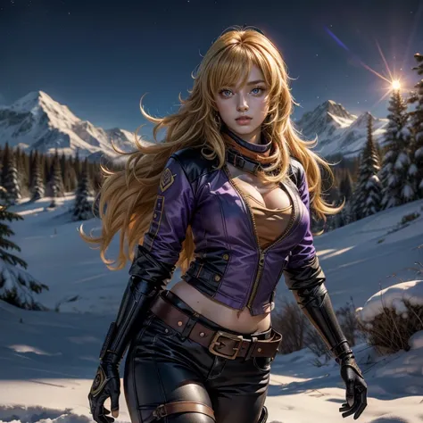 nighttime, stars, yangxiaolong, yang xiao long, smiling, long hair, blonde hair, (purple eyes:1.3), ahoge, bangs, BREAK cleavage, jacket, black pants, belt, mechanical arms, single mechanical arm, prosthesis, prosthetic arm, BREAK standing in field, next t...