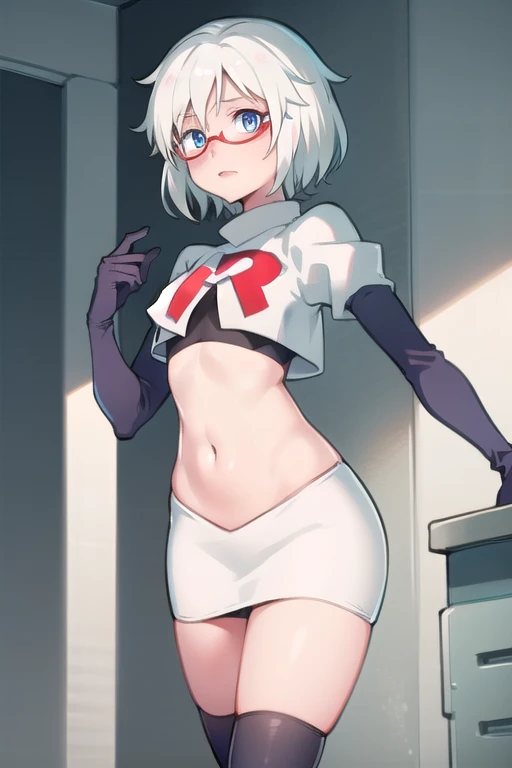 KanaShiraumi, 1girl, solo, short hair, blue eyes, white hair, small breasts, glasses, white team rocket,team rocket uniform,white skirt,red letter R,crop top,black thigh-highs,black elbow gloves, semi-rimless eyewear