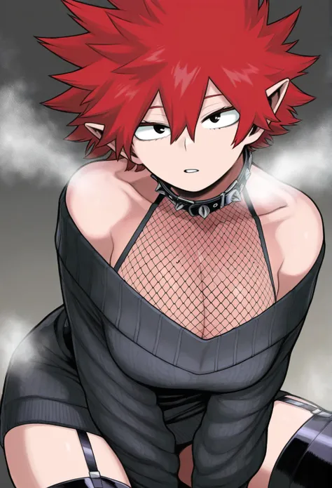 Score_9_up, score_8_up, score_7_up, solo, 1girl, black sweater, red hair, spiked hair, pointy ears, looking at viewer, collar, big breasts, fishnets, parted lips, collarbone, steam, bare shoulders, hair between eyes, gloves, thighhighs,Kohei Horikoshi, My ...