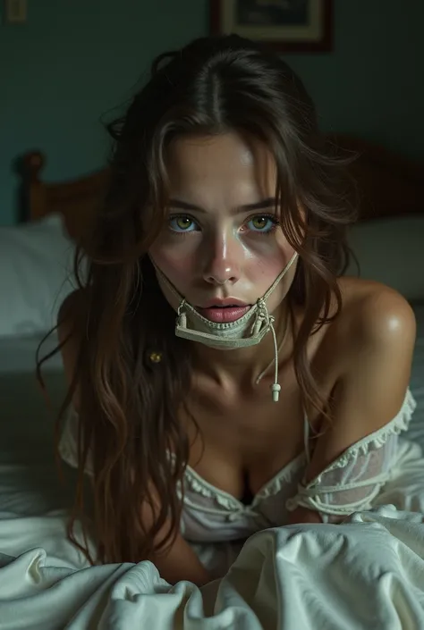  18-year-old woman ,  brown hair,  big green eyes .  oil effect.  lying on the bed . with a gag in her mouth. dressed in red lingerie