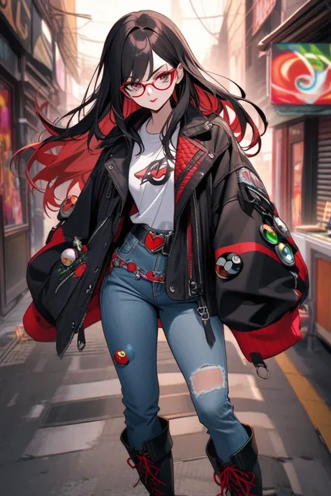 A women with black long hair with red highlightsij hair  with  a cool jacket and jeans and boots outfit and makeup and has a belt with pokeballs on it and has cool glasses 