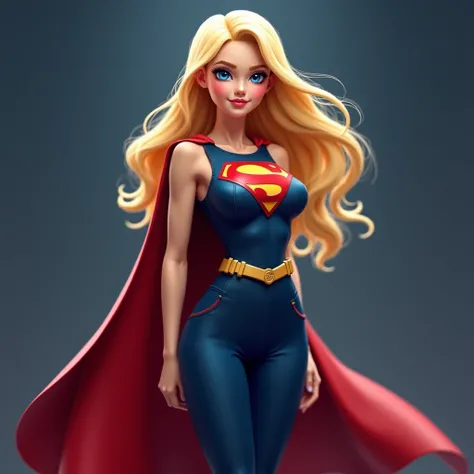 Superman y BA slender yet strikingly curvaceous 18-year-old blonde girl with blue eyes and a diamond-shaped face. She stands confidently, looking straight ahead with a soft smile. Her long, flowing blonde hair cascades down her shoulders, and she exudes an...