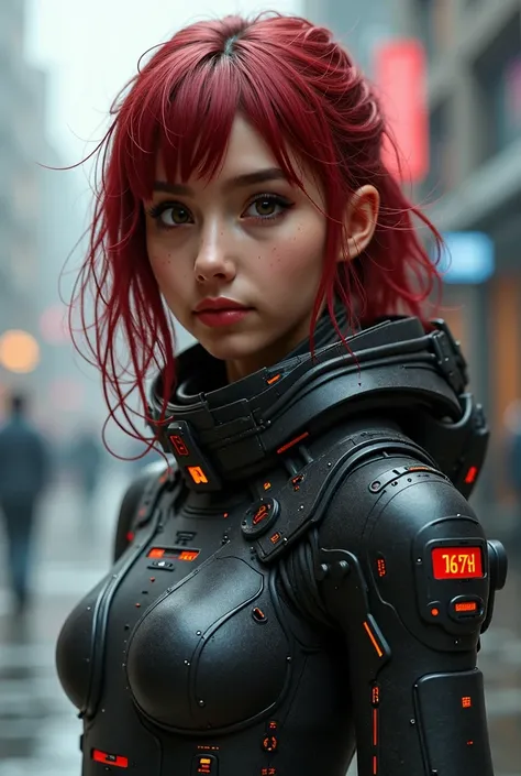 A girl in futuristic clothes, Redheaded hair and freckles,  brown eyes