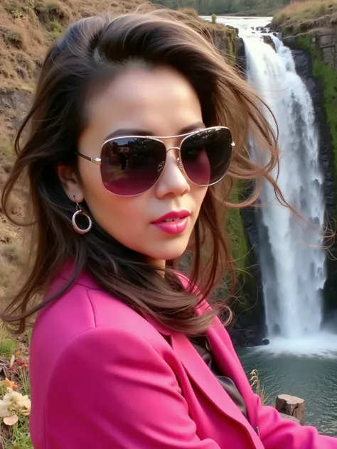 a work of art to win a contest. A very close up of a 15-year-old woman in a pink suit, long hair and sunglasses . The breeze is blowing hard. In the background there is a waterfall .