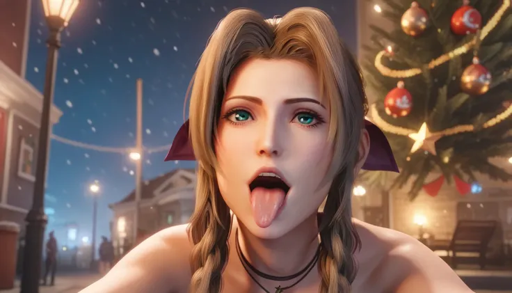  Aerith Gainsborough Christmas atmosphere on the street, day,  snow ,  sexy, contented face, naked,  stuck her tongue out,  shows that she swallowed sperm,  only the face is visible, , the depraved expression , Christmas tree in the background,  voluptuous...