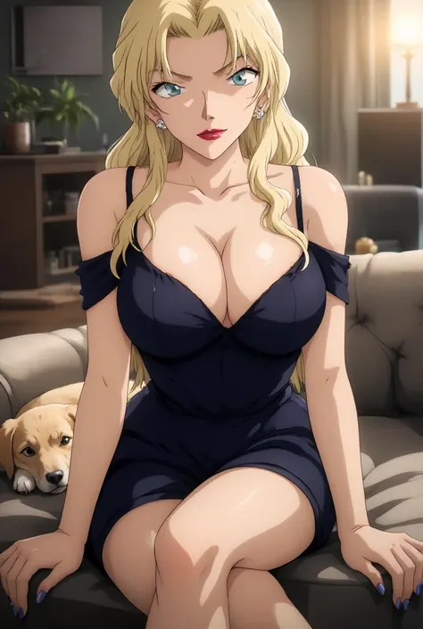 1girl, blonde_hair cleavage, dog, blue_eyes, long_hair, lipstick, sitting, earrings, nail_polishmakeup, jewelry, mole_under_eye, dress, solo, looking_at_viewer, couch , safe dress