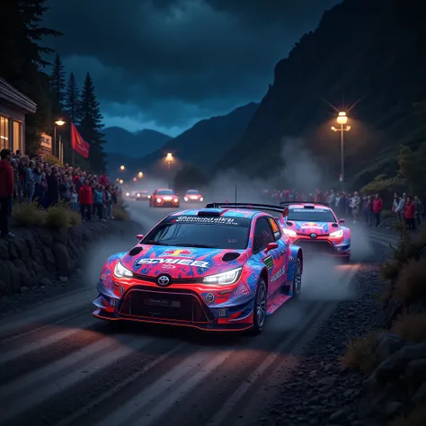 Ultra-realistic,Photorealistic,Dramatic Scene,Global Illumination,Dramatically depicts a night race of WRC rally cars on a dirt road at night. WRC rally cars decorated with holographic advertising designs race around the dirt road race course, the light tr...