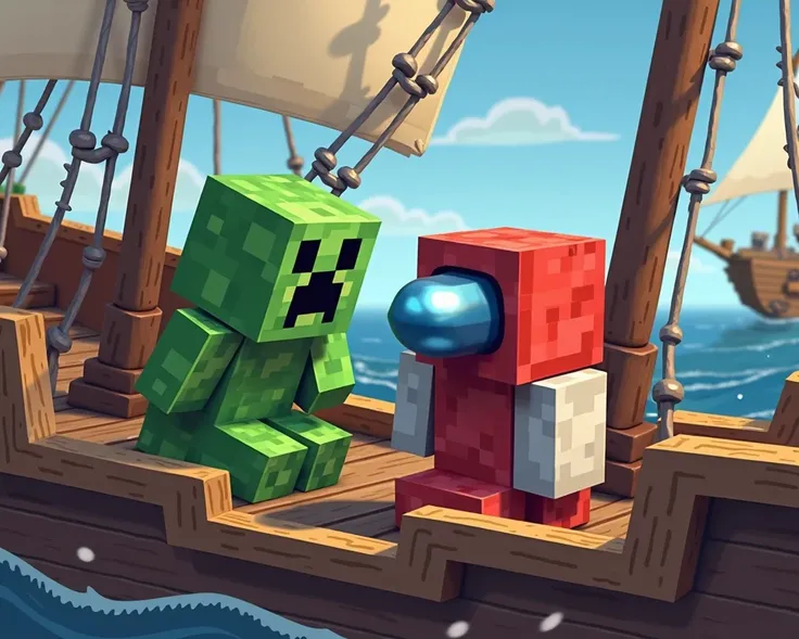 create a image of creeper from minecraft and impostor from among us inside  pirate ship playing together, in minecraft style, everything square, add background more ships and pirates