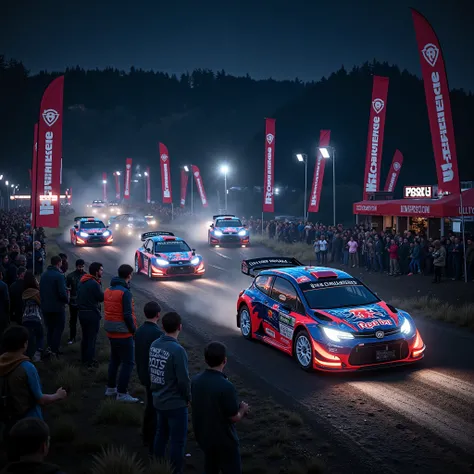 Ultra-realistic,Photorealistic,Dramatic Scene,Global Illumination,Dramatically depicts a night race of WRC rally cars on a dirt road at night. WRC rally cars decorated with holographic advertising designs race around the dirt road race course, the light tr...