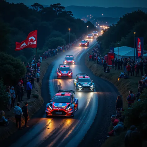 score_9,score_8_up,score_7_up,score_6_up,score_5_up,score_4_up,source_real photo,Ultra-realistic,Photorealistic,Dramatic Scene,Global Illumination,Dramatically depicts a night race of WRC rally cars on a dirt road at night. WRC rally cars decorated with ho...