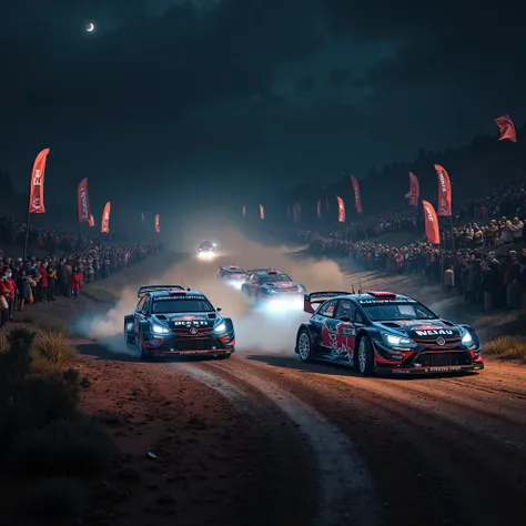 score_9,score_8_up,score_7_up,score_6_up,score_5_up,score_4_up,source_real photo,Ultra-realistic,Photorealistic,Dramatic Scene,Global Illumination,Dramatically depicts a night race of WRC rally cars on a dirt road at night. WRC rally cars decorated with ho...