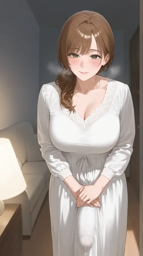 1girl, futanari, solo, looking at viewer, mature, mommy, milf, long brown hair, long hair, dark green eyes, love eyes, blush, hot breath, peaceful smile, (long white dress:1.2), (huge penis bulge:1.2), pre-cum, hands on own Waist, standing, front view, liv...