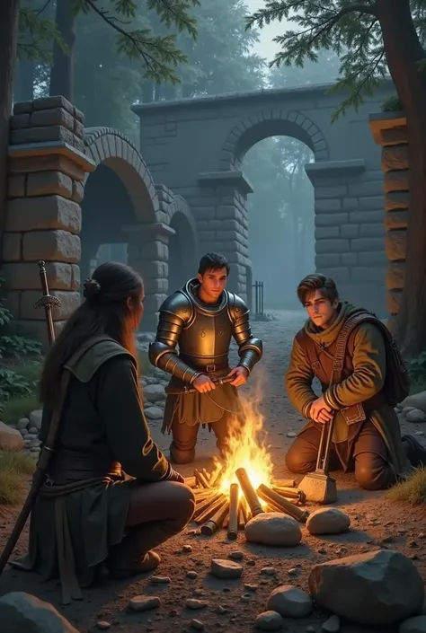 RPG art, medieval, d & d,  3 young men , no beard, Among ruins ,  gathered around a bonfire ,  a man with light armor and a sword with a shield ,  another strong man in sackcloth and an axe ,  and another man with longer hair with a bow and arrow. The 3 lo...