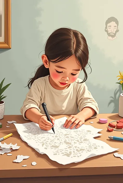 cute drawing of a girl cutting paper with a craft knife on a table with Jesus Christ by her side