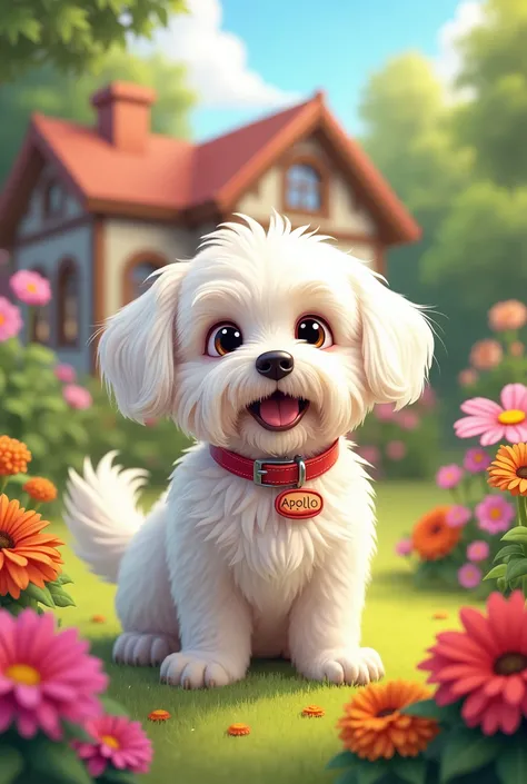  cartoon,  only the Maltese dog, naughty girl, happy, in a flowery garden, a cheerful place , colorful, realistic, a house in the background,  collar spelled the name Apollo