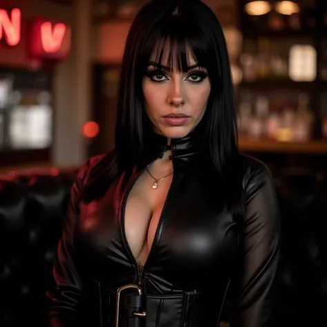 18 year old woman, she has a straight black hair style, full makeup, dark eyeshadow, very strong shadow around the eyes, strong mascara, she is wearing a jet black leather dress that has leather corset around the neck, she has wide hips and slim waist, pho...