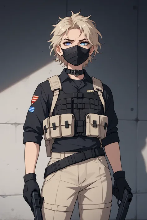  A tall girl who covers her face with a black mask, her hair is black and long with blond details and messy hair, He has tired blue eyes and wears soldier clothes, beige pants , a black shirt and a black bulletproof vest, wear black gloves with white detai...