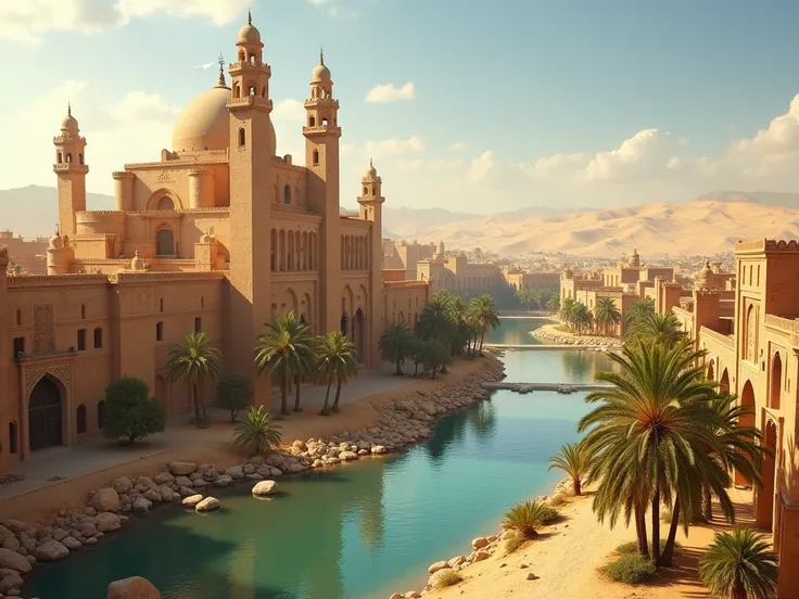 The capital of the eastern medieval country with a warm climate.
Rivers flow under the towers.
The city is very large and surrounded by palm trees.
The climate is warm and lively and there are sand dunes.