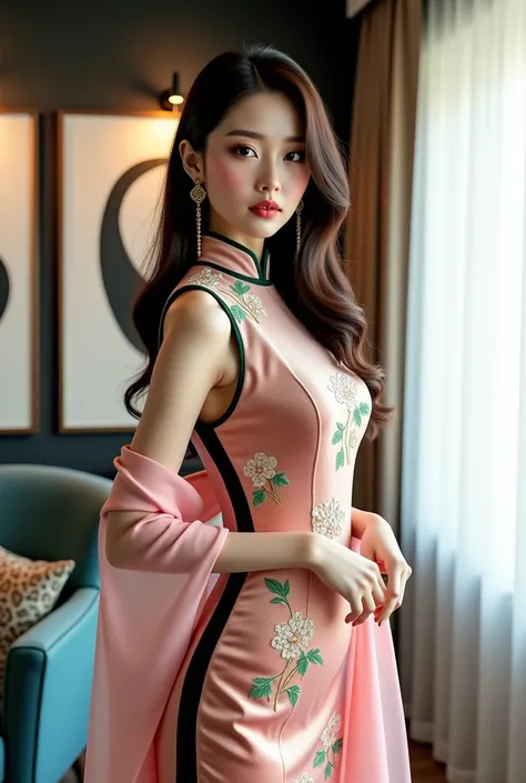 A Japanese woman with a very beautiful beauty like an actress
A stunning woman with long, voluminous dark brown hair cascading over her shoulders stands gracefully in an elegant, modern interior. She wears a fitted high-necked velvet cheongsam dress in a l...