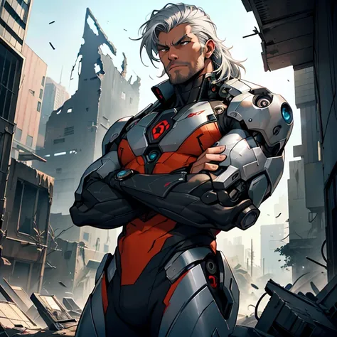 A highly detailed Cyborg, arms crossed in front of a destroyed city, sporting futuristic details on his bionic body. (An extremely detailed cyborg with crossed arms in front of a destroyed city, with futuristic details on their bionic body.) tan_skin, silv...