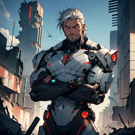 A highly detailed Cyborg, arms crossed in front of a destroyed city, sporting futuristic details on his bionic body. (An extremely detailed cyborg with crossed arms in front of a destroyed city, with futuristic details on their bionic body.) tan_skin, silv...