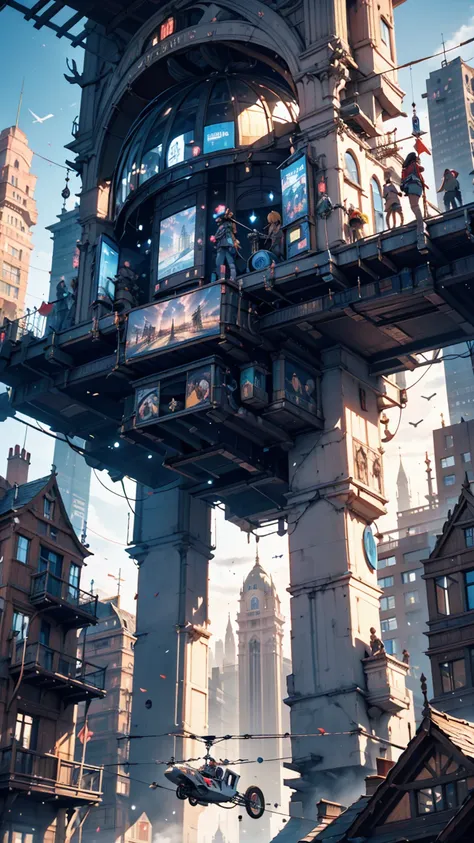 Create futuristic hyperrealist artwork, Imagine a city in the sky, With complex architectural structures and advanced technology. A detailed depiction of a futuristic city, Capture the bright light, Suspended platforms and flying vehicles that move vertica...