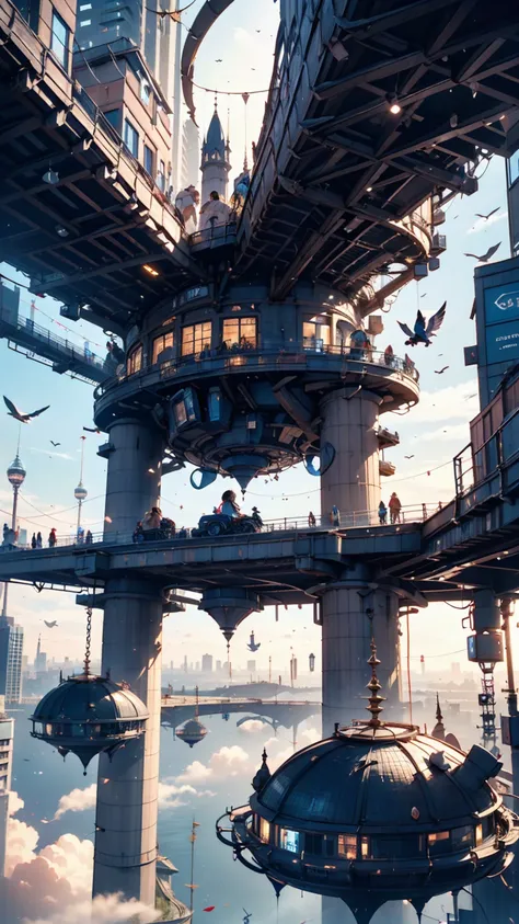 Create futuristic hyperrealist artwork, Imagine a city in the sky, With complex architectural structures and advanced technology. A detailed depiction of a futuristic city, Capture the bright light, Suspended platforms and flying vehicles that move vertica...