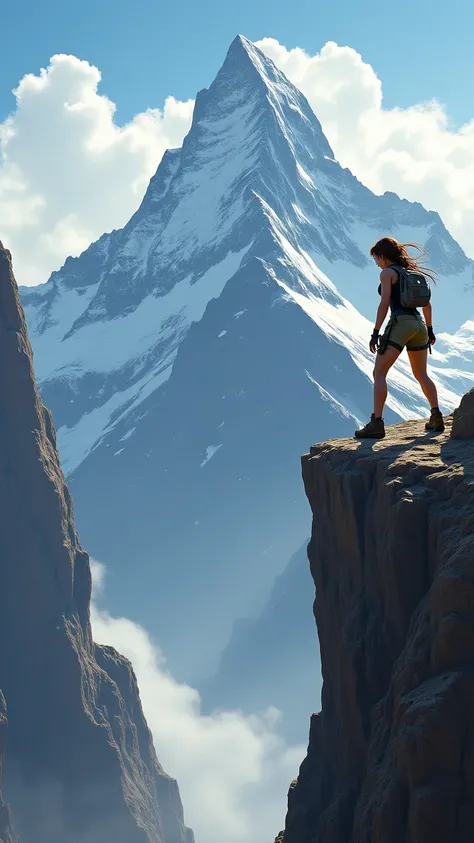 Laracroft jumping at the top of mountain to a cliff
